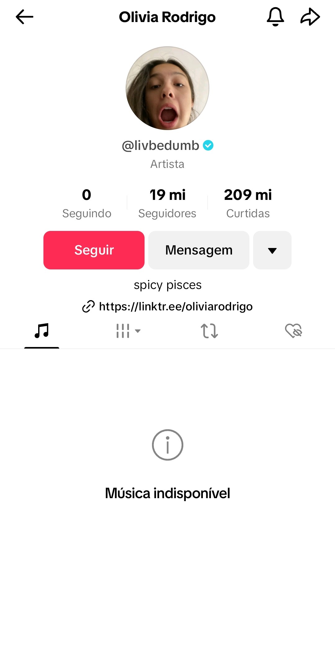 Perfil de Olivia Rodrigo sem as músicas no TikTok