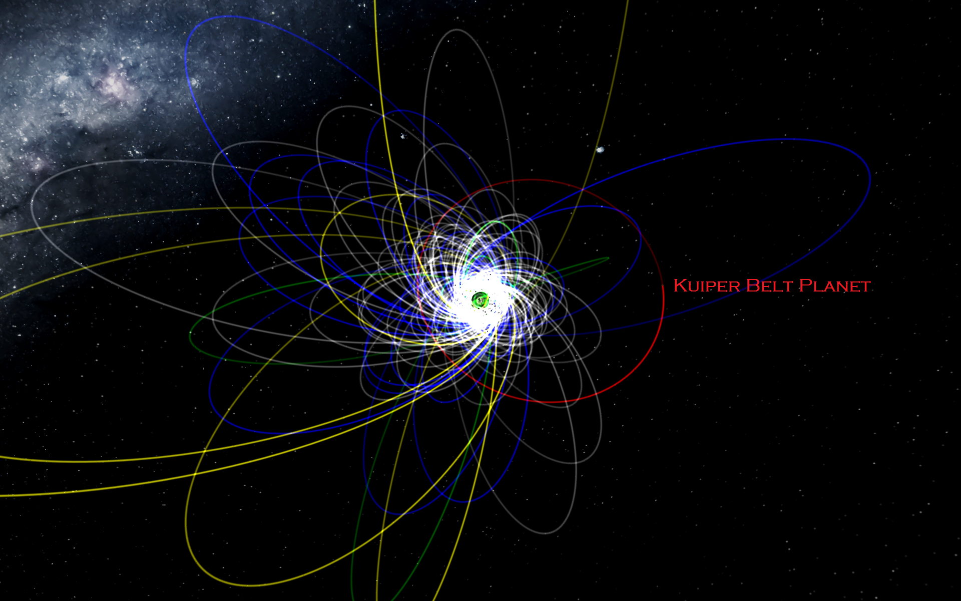 Em vermelho, a possível órbita do planeta hipotético no Cinturão de Kuiper. I