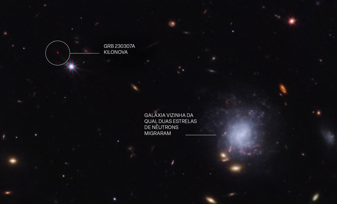 Imagem do telescópio James Webb mostra a kilonova que gerou a explosão de raios gama GRB 230307A e a galáxia-mãe da qual migraram as duas estrelas nêutrons que se fundiram nesse processo