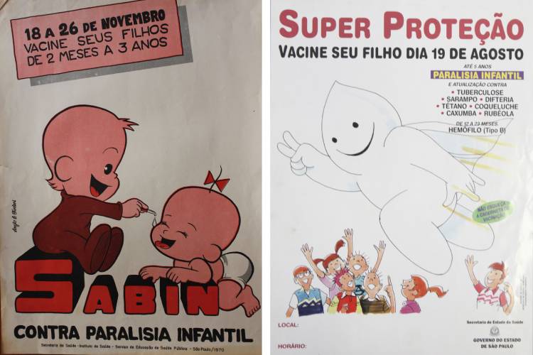 Cartazes de diferentes campanhas contra a paralisia infantil focavam em personagens infantis