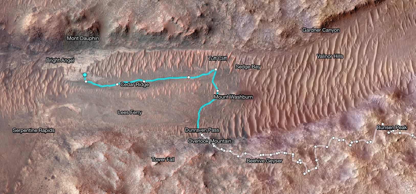 Mapa mostrando trajeto do rover da NASA em Marte