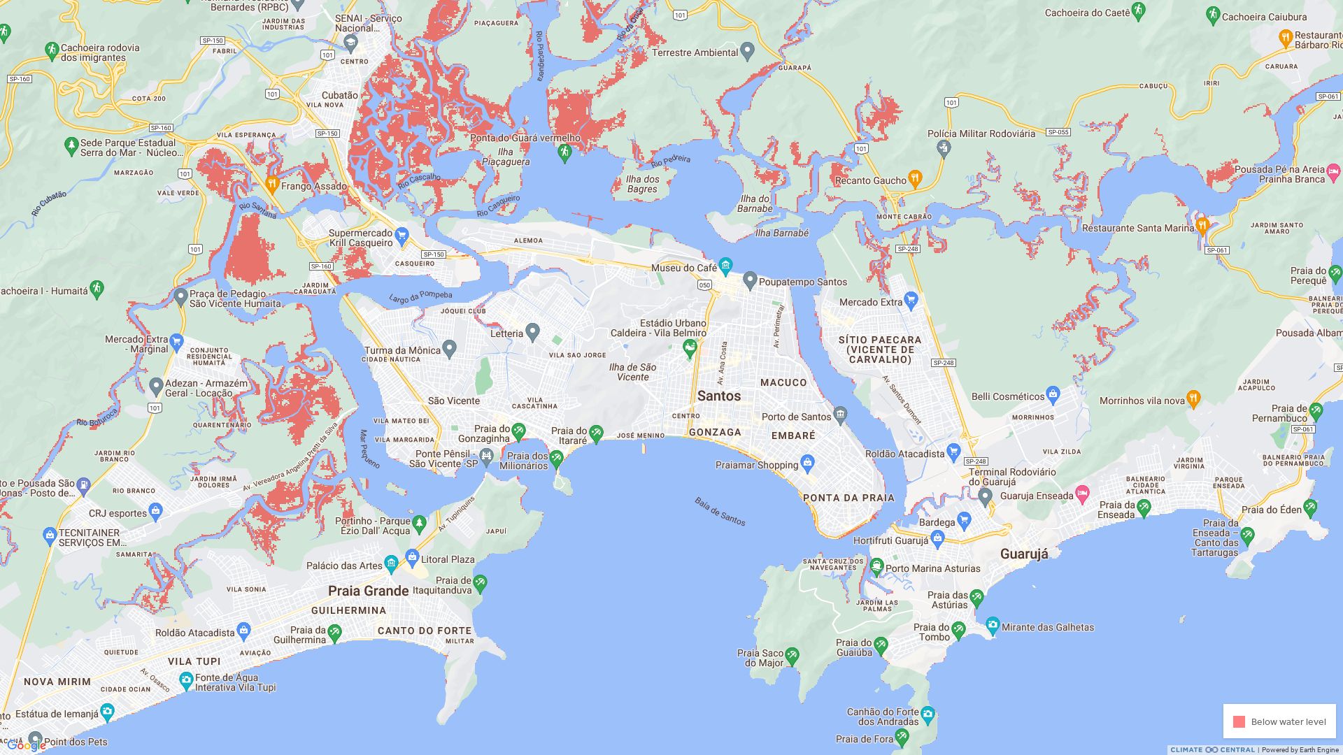 Em vermelho, as regiões da cidade de Santos que devem ficar debaixo d´água, caso o mar suba 20 centímetros. Imagem:
