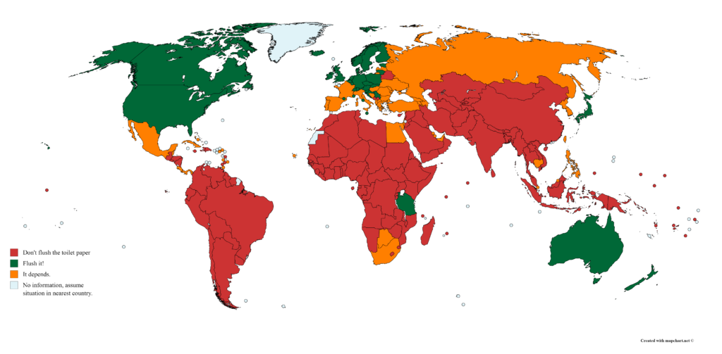 Mapa mostra países onde é comum dar descarga no papel higiênico