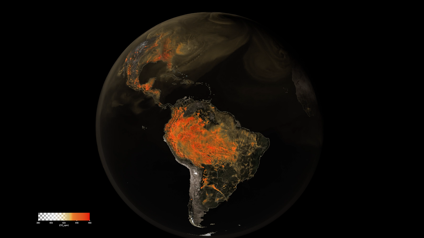 Vídeo da NASA mostra movimentação de CO2 pela atmosfera da Terra.