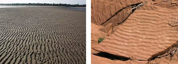 Marcas de ondas em uma planície de maré atual (esquerda) e em uma rocha com mais de 200 anos (direita). Essas duas imagens são evidências de que os processos geológicos são essencialmente sempre os mesmos. Wikimedia commons 