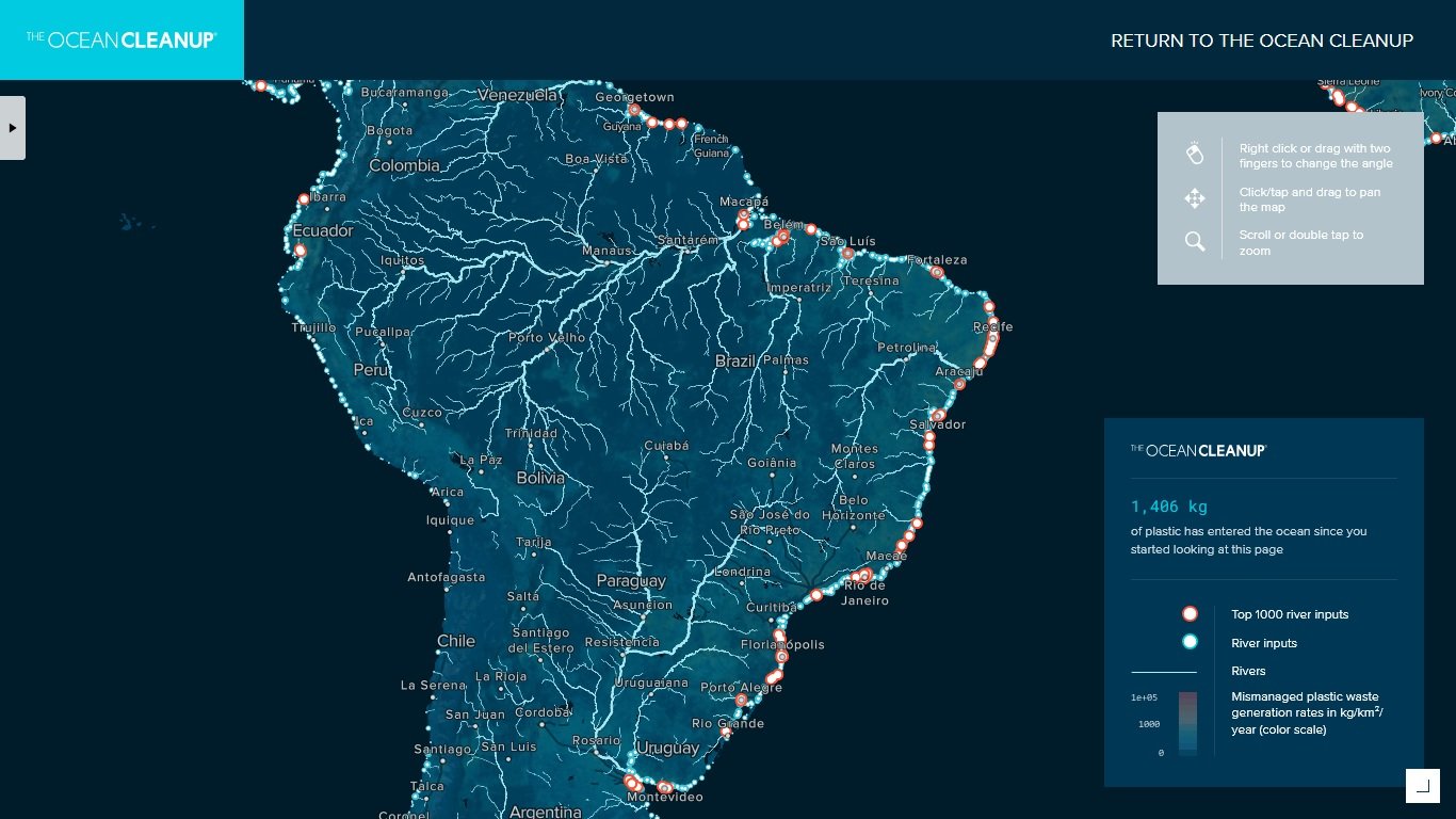 Mapa interativo mostra a poluição levada ao oceano pelos rios. Foto: The Ocean Cleanup/Reprodução